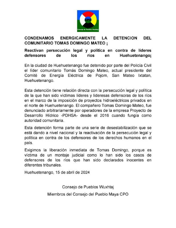 Guatemala: Condenan la detención del Defensor comunitario Tomas Domingo Mateo