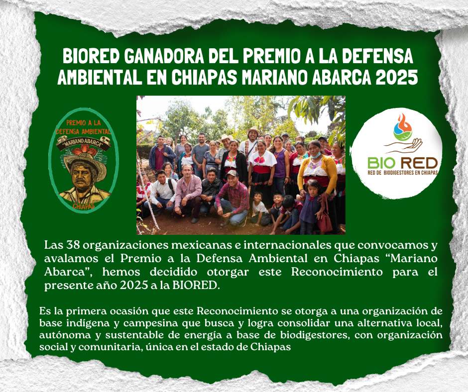 BIORED ganadora del Premio a la Defensa Ambiental en Chiapas Mariano Abarca 2025