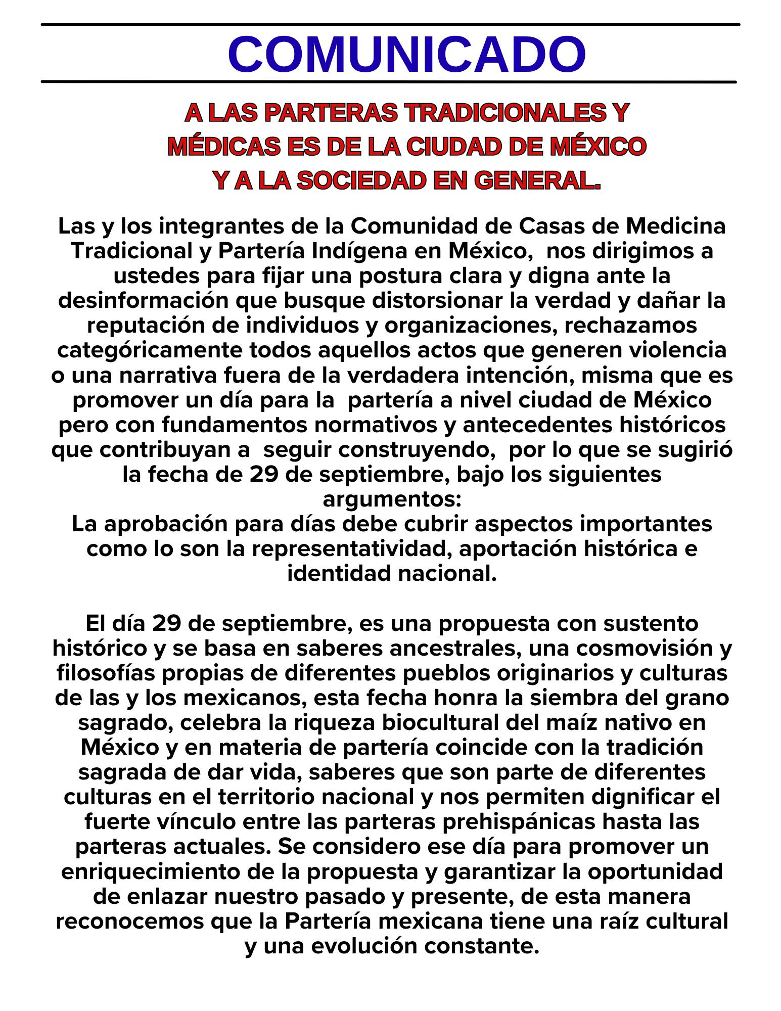 Comunicado de la Comunidad Casas de Medicina y Partería Tradicional Indígena en México