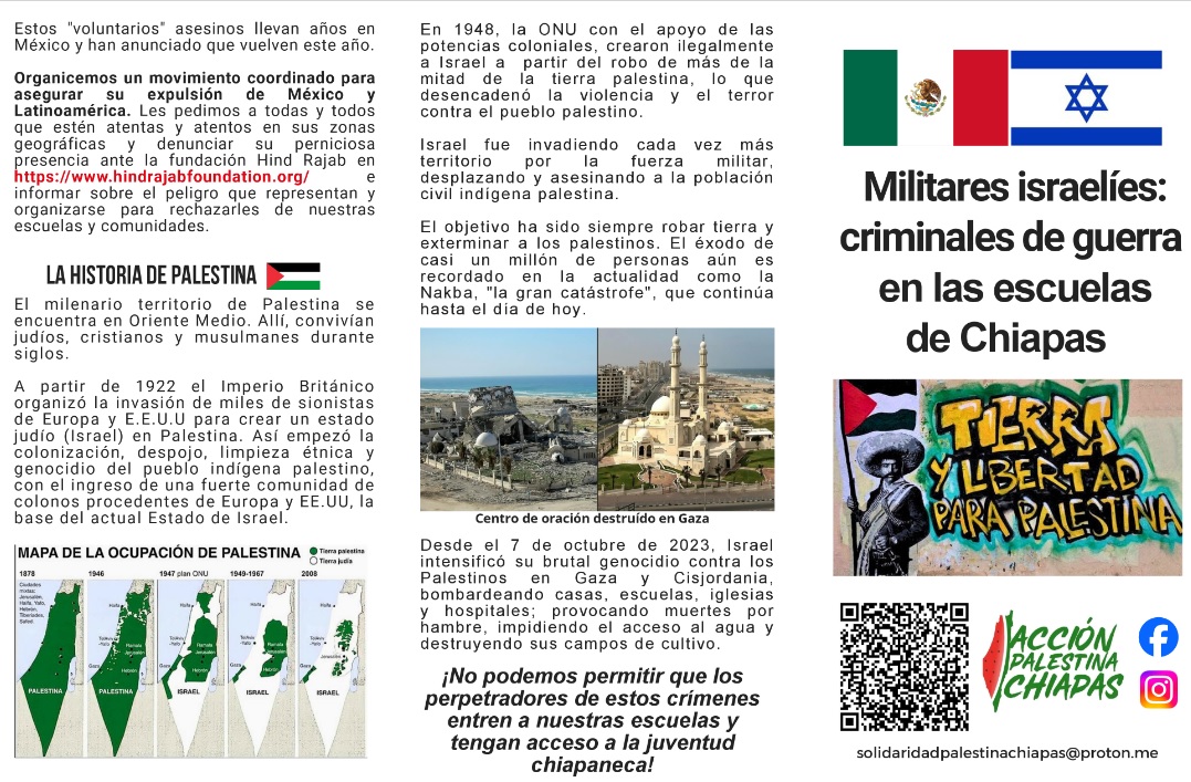 ¡Fuera los miembros de los Fuerzas Armadas del estado Genocida de Israel de las escuelas de México!